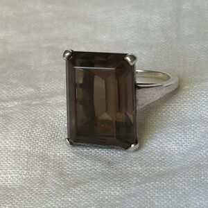 Smoky quartz emerald cut custom made silver ring